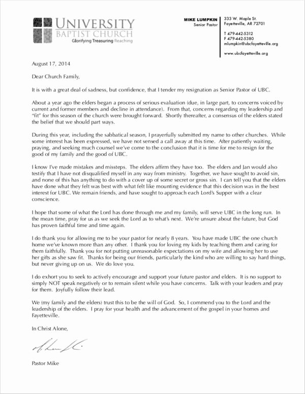 Church Resignation Letter for Pastors Elegant Free 10 Church Resignation Letter Samples and Templates