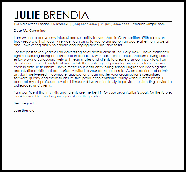 Clerical Cover Letter Examples Unique Admin Clerk Cover Letter Sample
