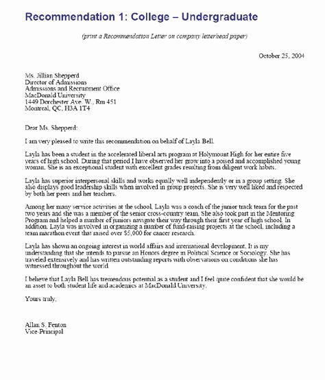 College Letter Of Recommendation Sample Fresh College Admission Re Mendation Letter