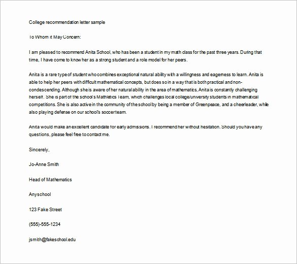 College Letter Of Recommendation Sample Inspirational Letter Re Mendation for Student