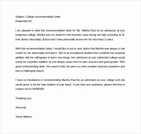 College Letter Of Recommendation Sample Unique Sample College Re Mendation Letter 14 Free Documents