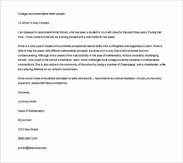 College Recommendation Letter format Best Of 12 College Re Mendation Letters Doc Pdf