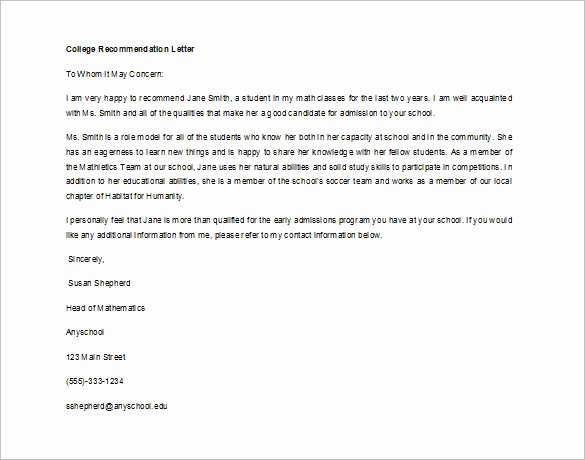College Recommendation Letter format Elegant Re Mendation Letter for Student From Teacher Sample