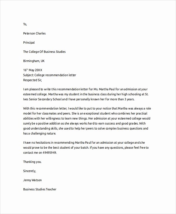 College Recommendation Letter format Fresh Letter Of Re Mendation Example 8 Samples In Pdf Word
