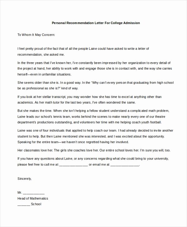 College Recommendation Letter format Inspirational Free 5 Sample Personal Re Mendation Letters In Pdf