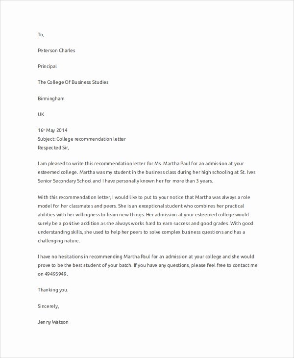 College Recommendation Letter format New Sample Letter Of Re Mendation 7 Examples In Word Pdf