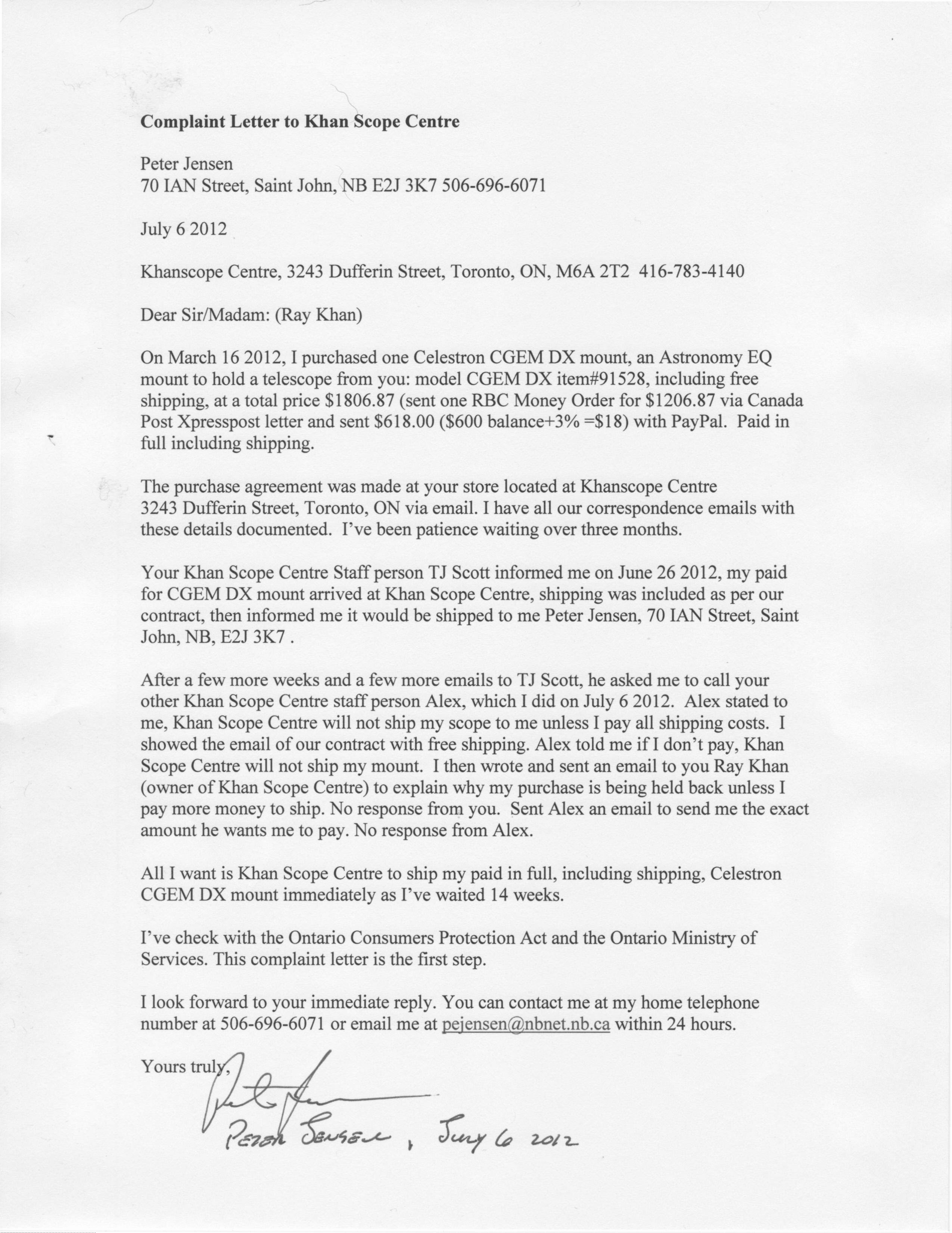 Complaint Letter to Company Lovely toronto Tario Telescope Pany Will Not Ship My Purchase