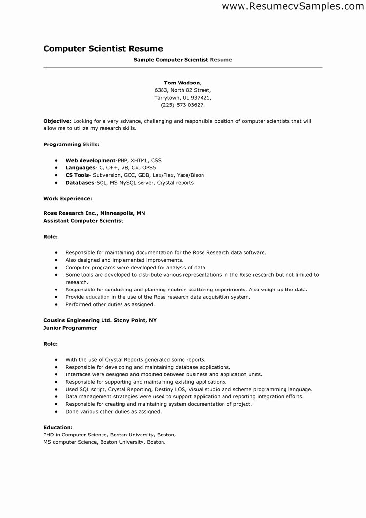 Computer Science Resume format Lovely Science Resume Examples