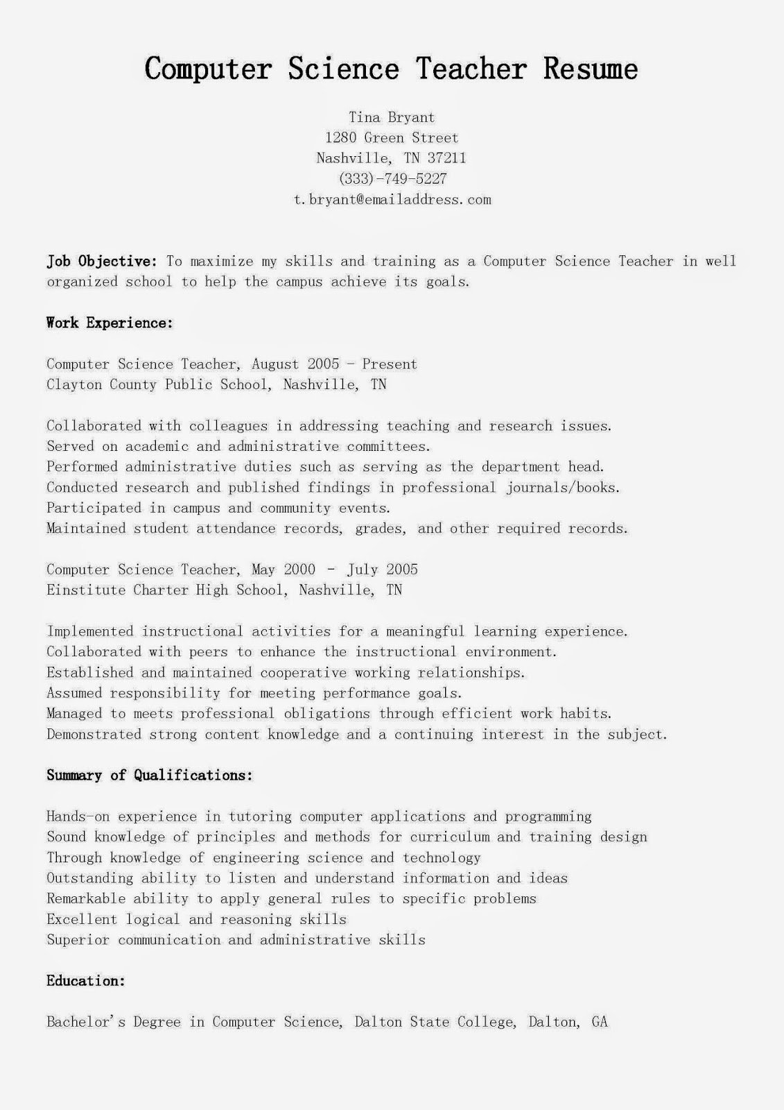 Computer Science Resume format New Resume Samples Puter Science Teacher Resume Sample
