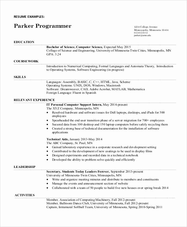 Computer Science Resume format New Sample Puter Science Resume 8 Examples In Word Pdf