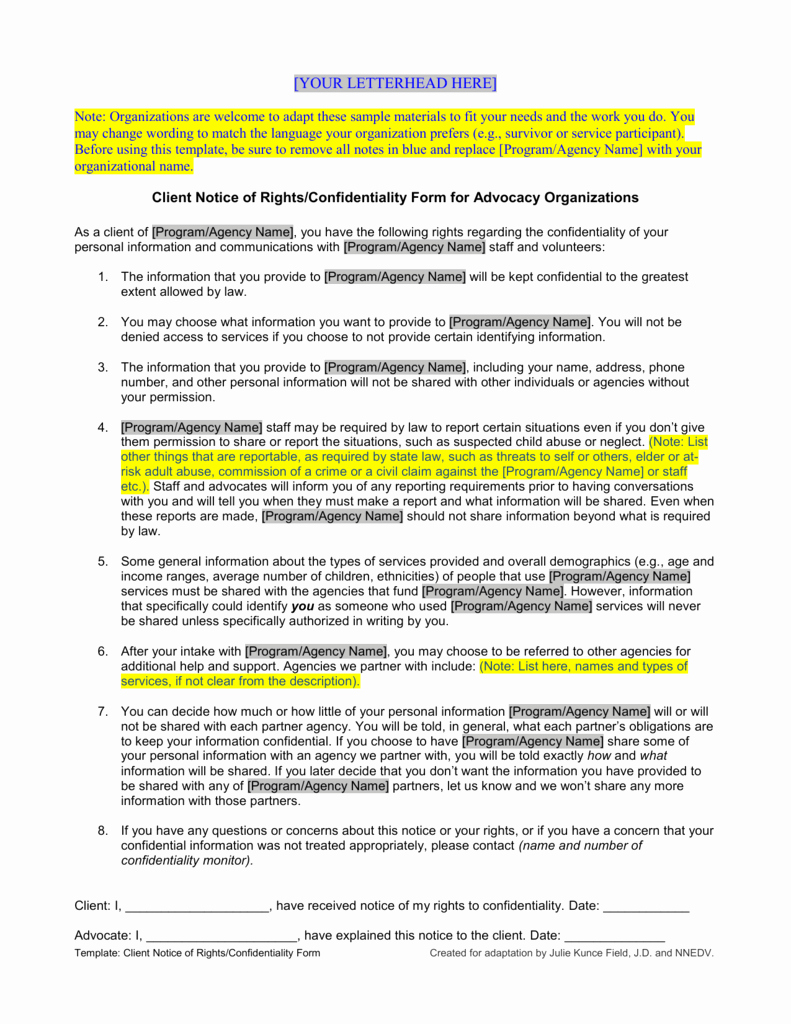 Confidential Notice for Documents Inspirational Template Client Notice Of Rights form Confidentiality