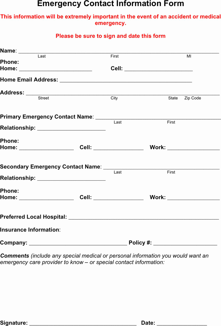 Contact Information form Template Fresh Free Emergency Contact form Pdf 18kb
