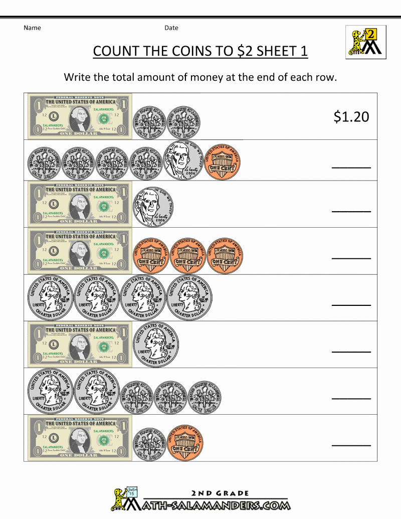 Counting Coins Worksheets Elegant 2nd Grade Money Worksheets Up to $2