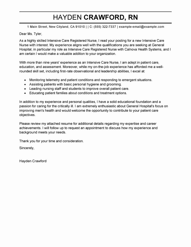 Cover Letter Examples for Nurses Best Of Leading Professional Intensive Care Nurse Cover Letter