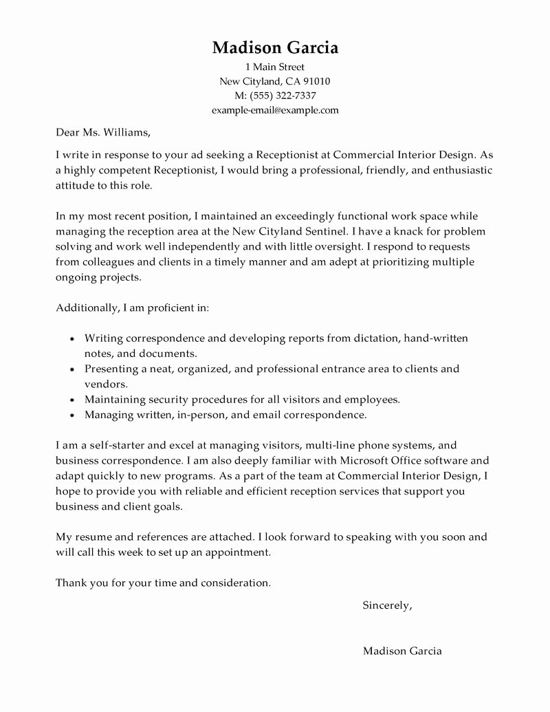 Cover Letter for A Receptionist Best Of Best Receptionist Cover Letter Examples