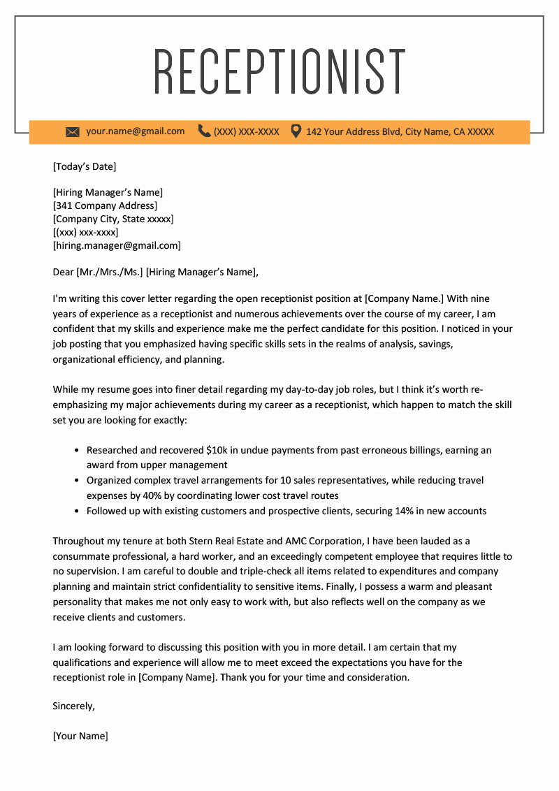 Cover Letter for A Receptionist Inspirational Receptionist Cover Letter Example