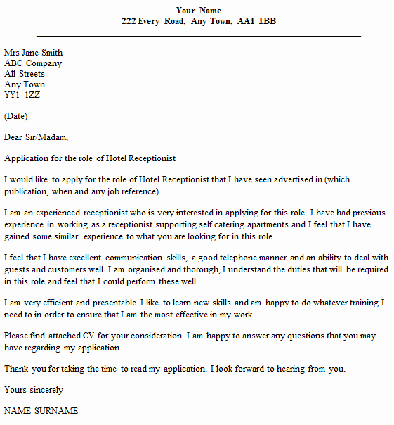 Cover Letter for A Receptionist Lovely Hotel Receptionist Cover Letter Example Icover