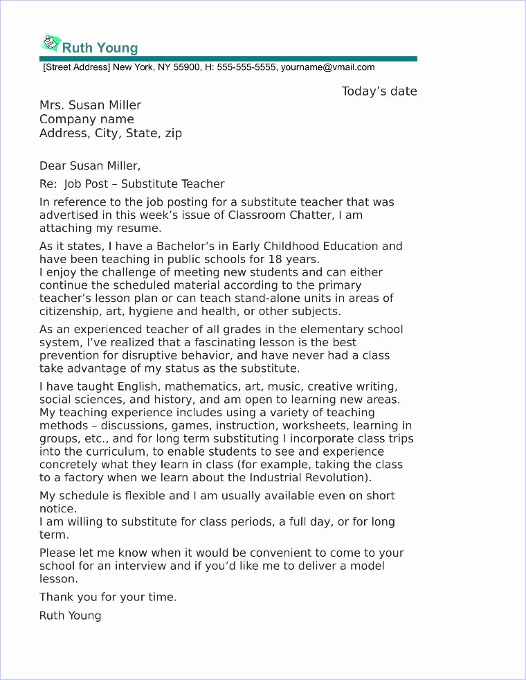 Cover Letter for A Teacher Awesome Substitute Teacher Cover Letter Sample