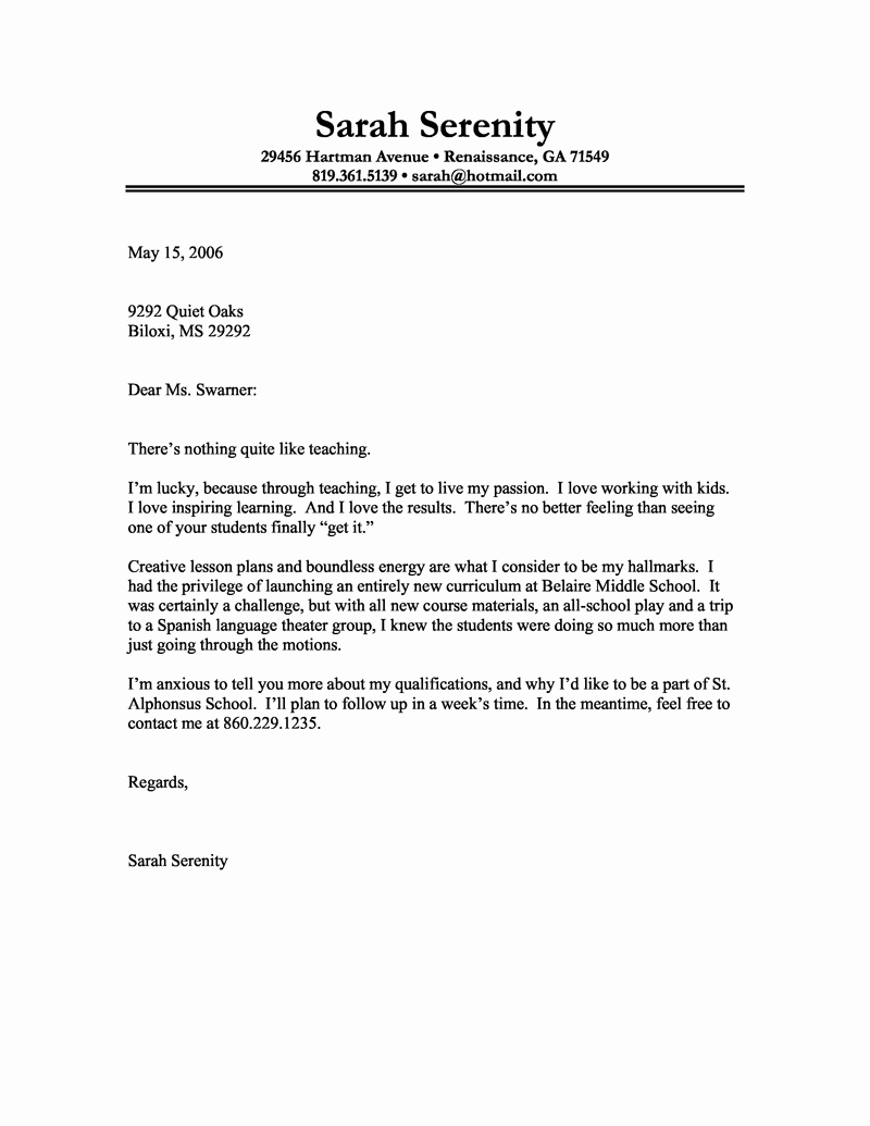 Cover Letter for A Teacher Unique Cover Letter Example Of A Teacher with A Passion for