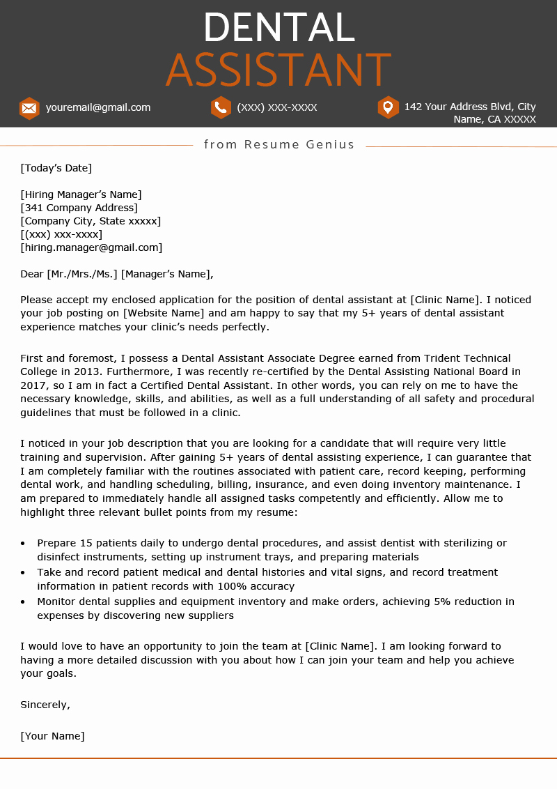 Cover Letter for assistant Unique Dental assistant Cover Letter Example