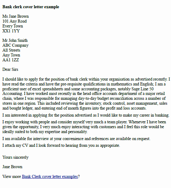 Cover Letter for Bank Best Of Bank Clerk Cover Letter Example Learnist