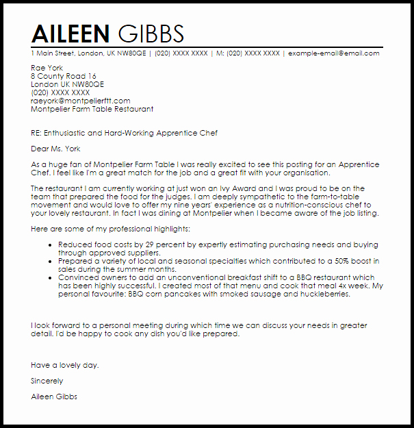 Cover Letter for Chef Inspirational Apprentice Chef Cover Letter Sample