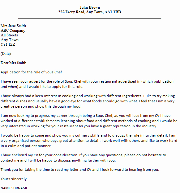 Cover Letter for Chef Inspirational sous Chef Cover Letter Example Icover