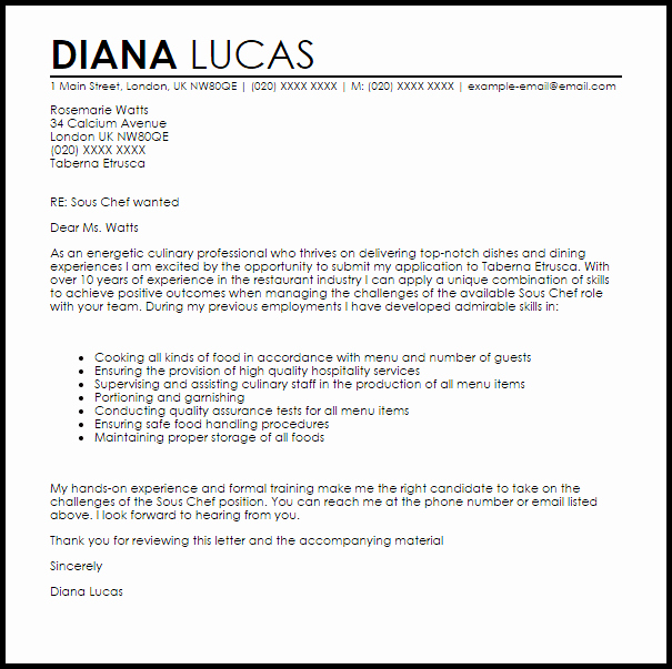 Cover Letter for Chef Luxury sous Chef Cover Letter Sample