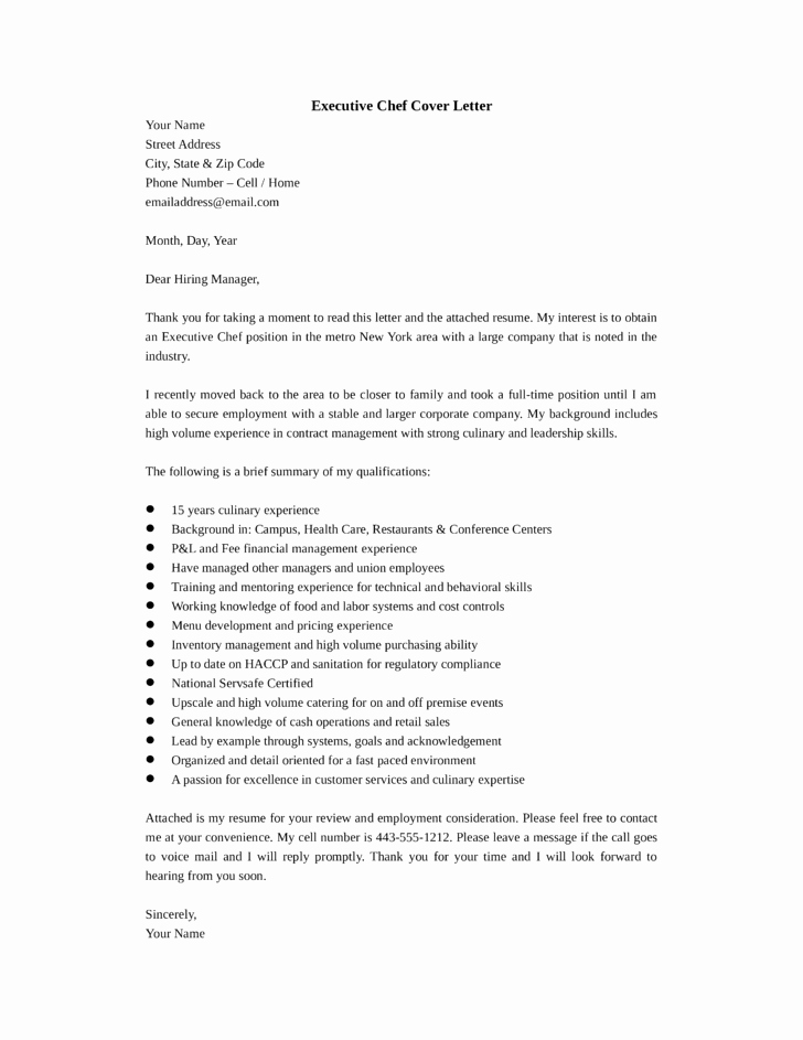 Cover Letter for Chef New Sample Cover Letter for Executive Chef Job Zero Cost