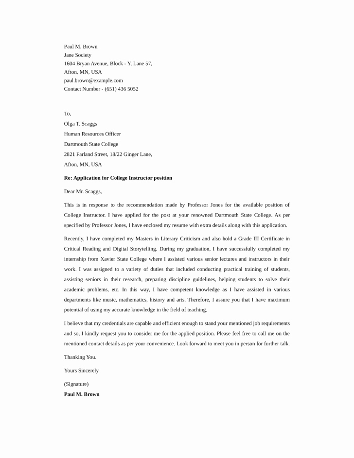 Cover Letter for College Inspirational College Instructor Cover Letter Samples and Templates