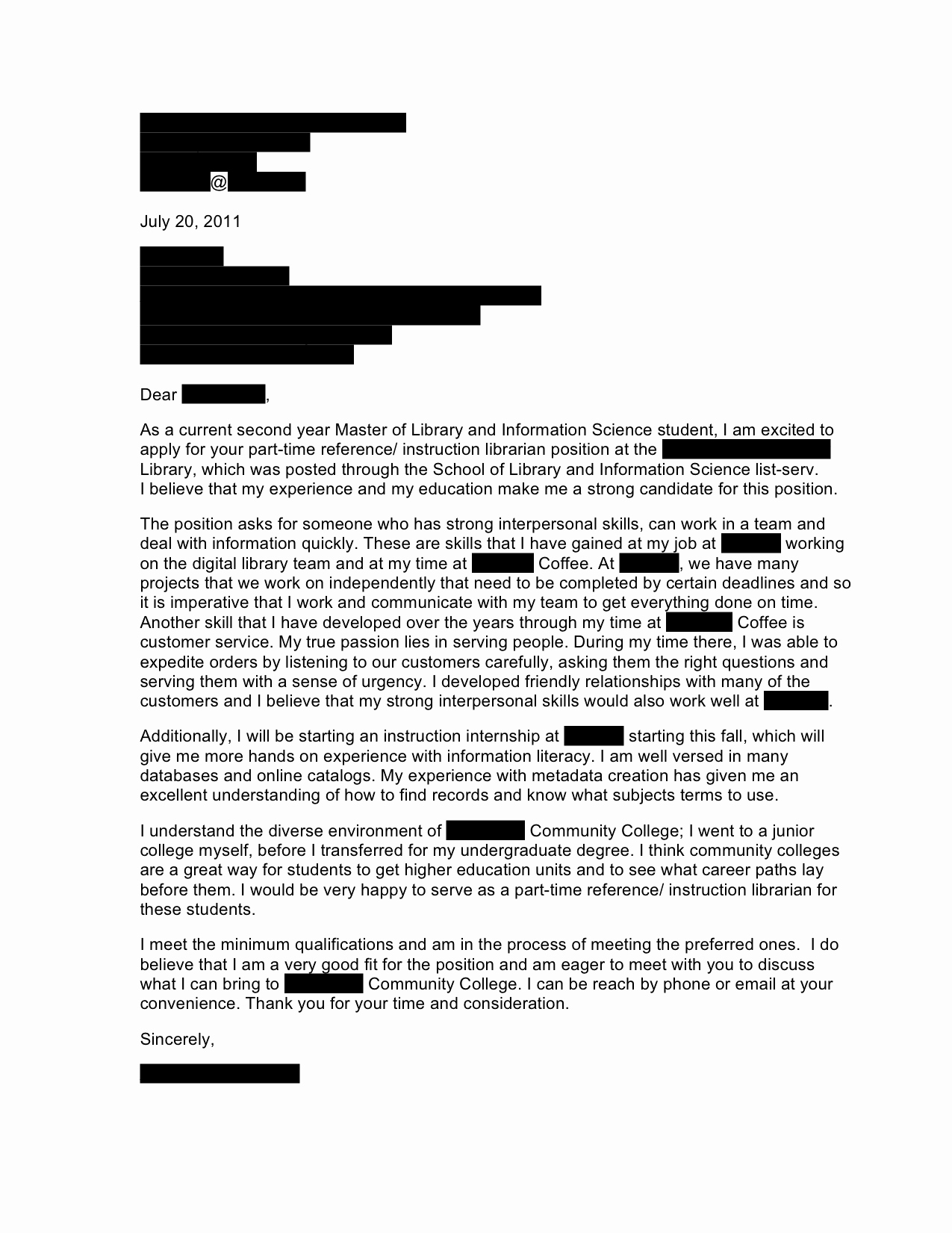 Cover Letter for College Unique Munity College