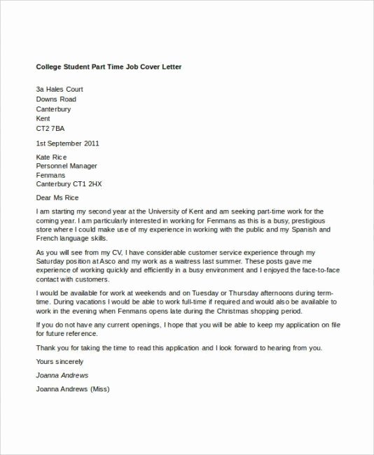 Cover Letter for First Job Luxury Cover Letter for First Part Time Job