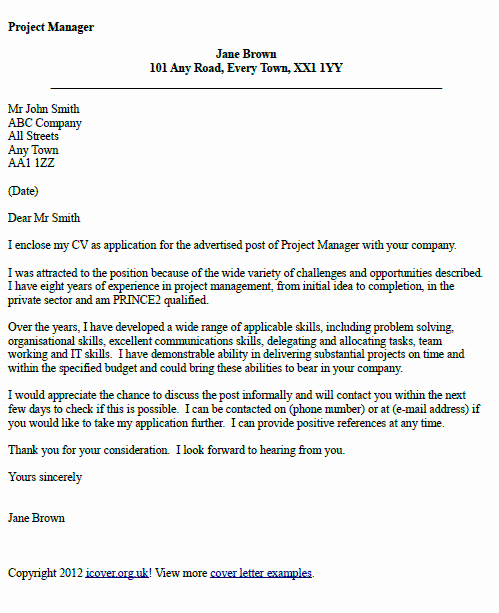 Cover Letter for Manager Awesome Project Manager Cover Letter Example Icover