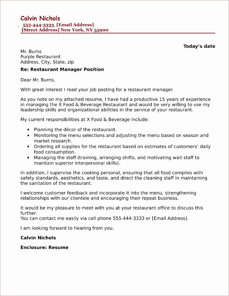 Cover Letter for Manager Best Of Restaurant Manager Cover Letter Sample