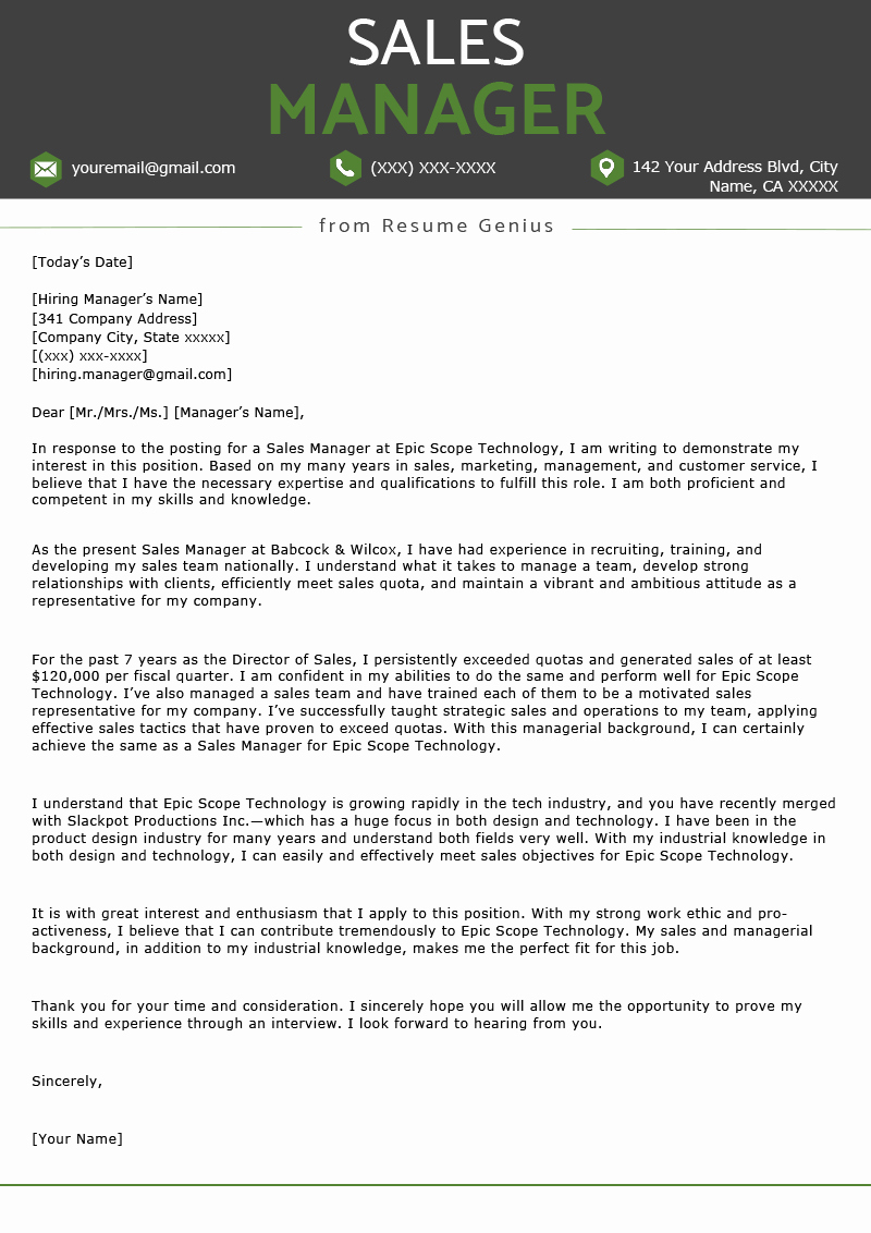 Cover Letter for Manager Fresh Sales Manager Cover Letter Sample Free Download