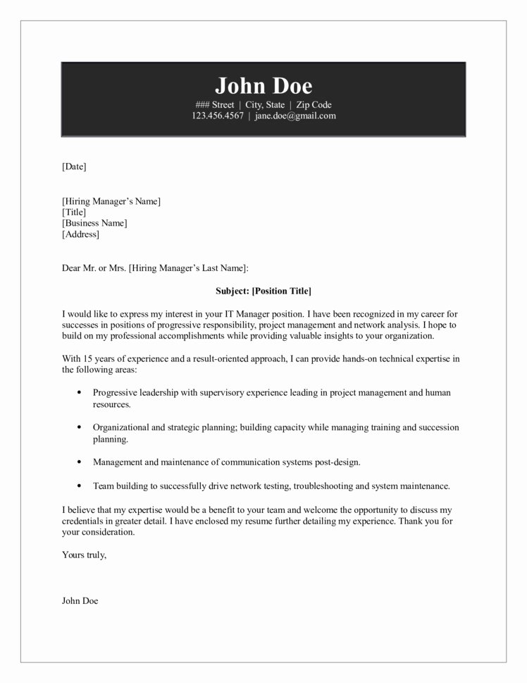 Cover Letter for Manager Unique It Manager Cover Letter