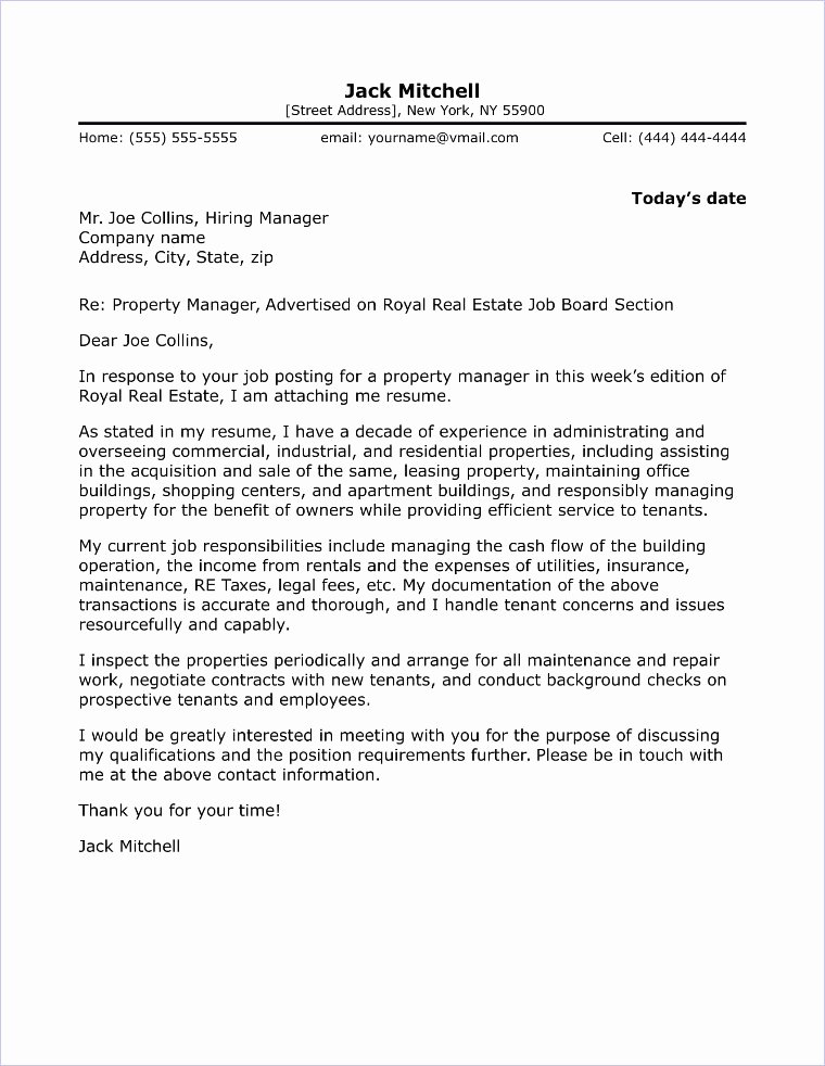 Cover Letter for Manager Unique Property Manager Cover Letter Sample