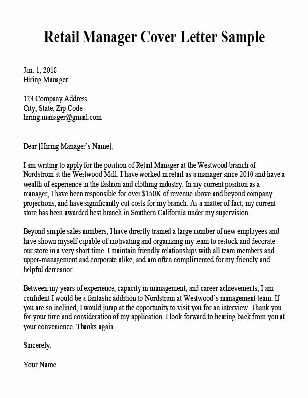 Cover Letter for Manager Unique Retail Manager Cover Letter Sample