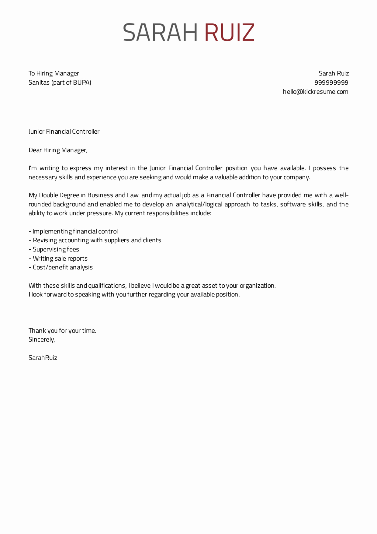 junior financial controller bupa cover letter sample