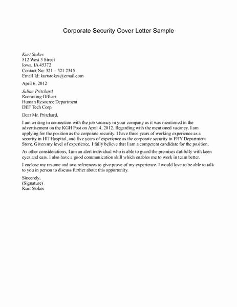Cover Letter for Security Position New Corporate Security Cover Letter Sample