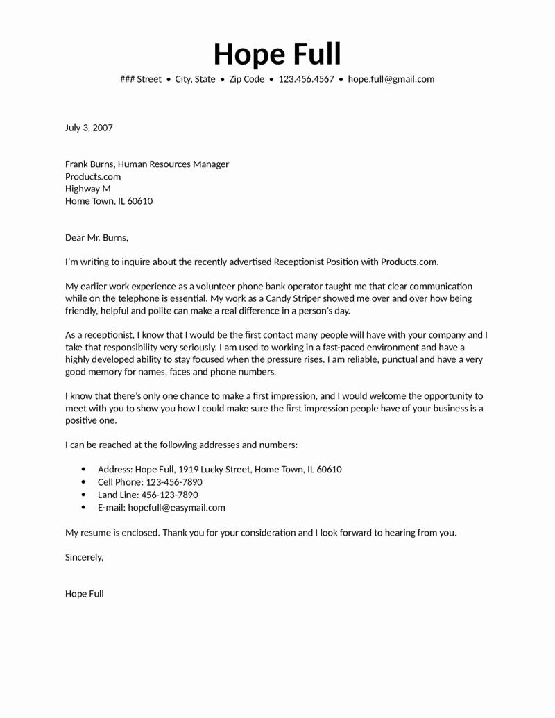 Cover Letter Sample for Receptionist Beautiful Fice Receptionist Cover Letter