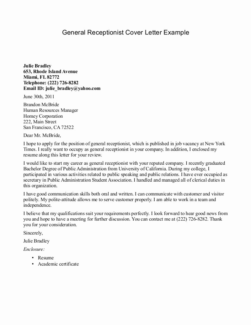 Cover Letter Sample for Receptionist New Receptionist Cover Letter Example Jobresumesample