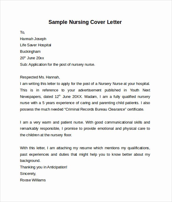 Cover Letter Template Nursing Elegant Nursing Cover Letter Template 9 Free Samples Examples