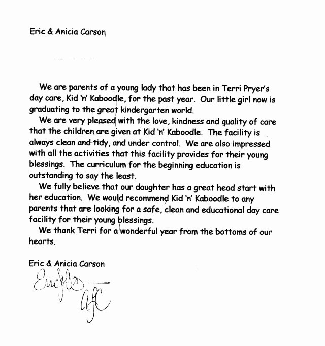 Daycare Letter Of Recommendation New Kid N Kaboodle Day Care References