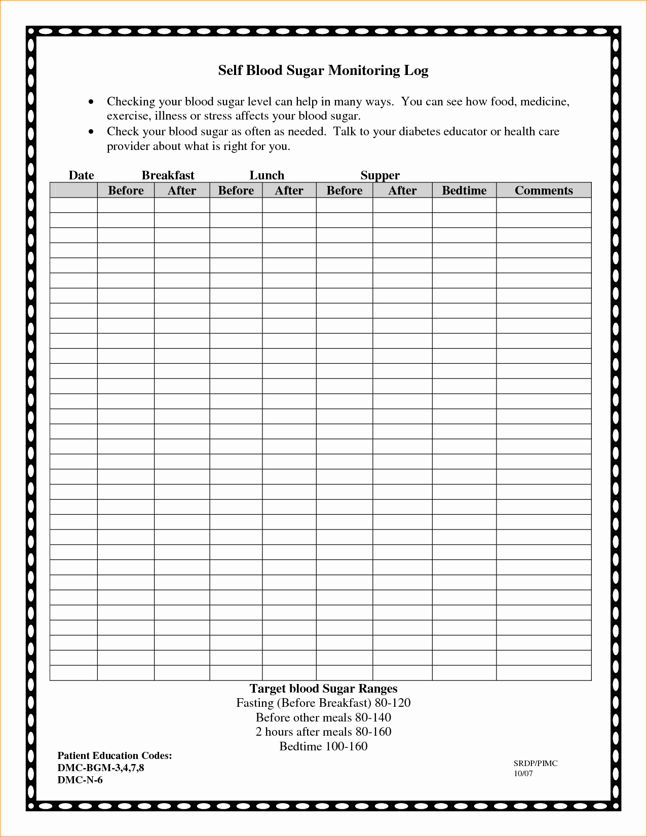 Diabetes Tracking Chart Printable Awesome Self Blood Sugar Monitoring Log by Hcj