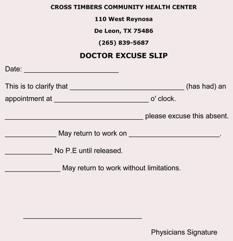 fake doctors note excuse templates