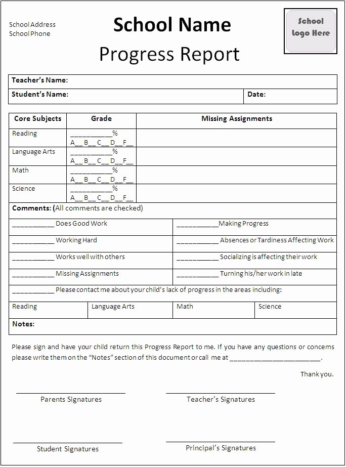 Elementary Progress Report Templates Awesome Progress Report Template