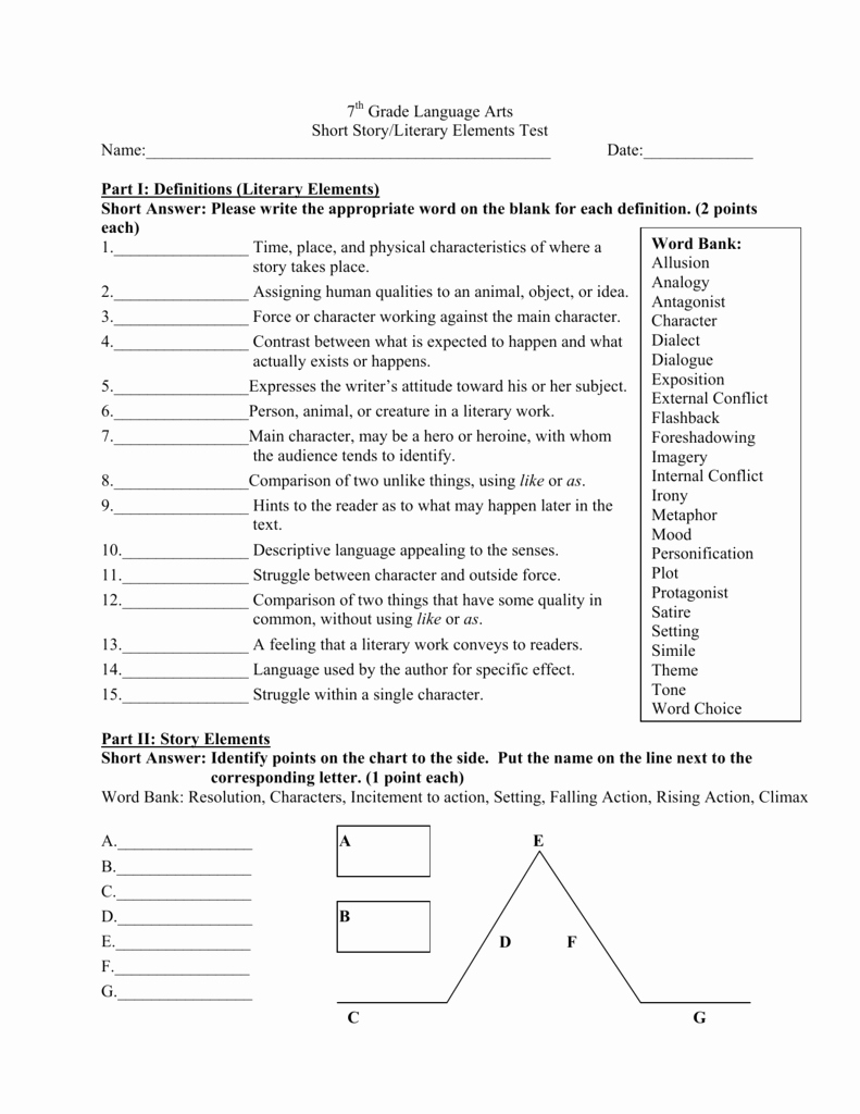 Elements Of Plot Quiz Lovely 7 Grade Language Arts Short Story Literary Elements Test Name