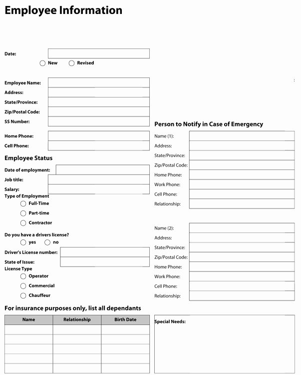 Employee Information Sheet Template Elegant Employee form Template