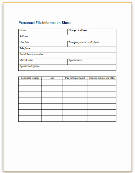 Employee Information Sheet Template Fresh form Specifications
